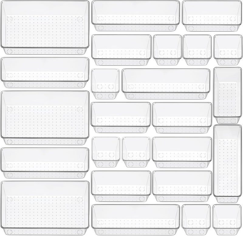 Freshmage 25 Piece Clear Drawer Organizer Set, 4 Sizes Bathroom Vanity Organizer Trays and Storage Bins for Makeup, Cosmetics, Jewelry, and Gadgets. Perfect for Office, Kitchen, Bedroom, Bathroom Use. - Image 1
